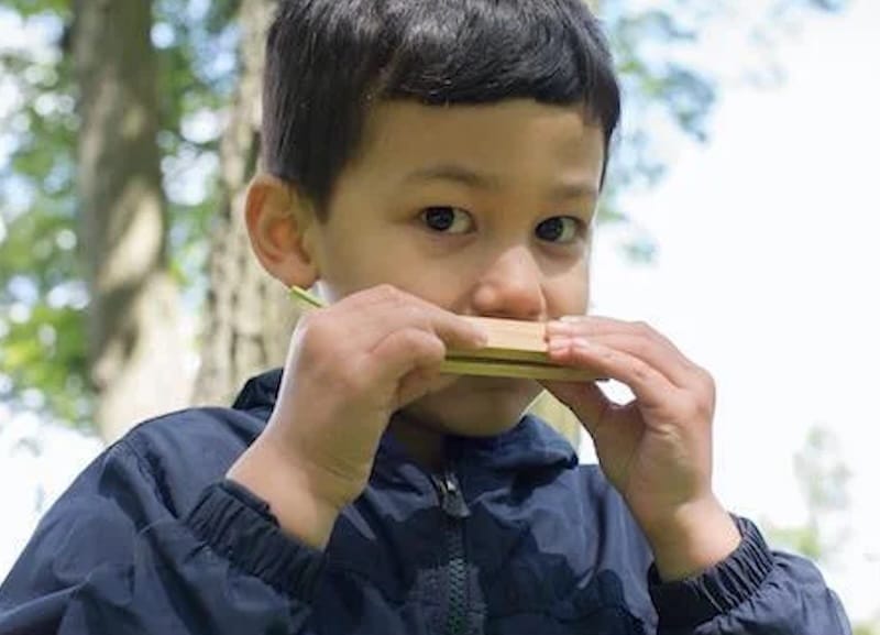 Huckleberry grasfluit. Kind dat deze fluit heeft gekregen voor op de vakantie